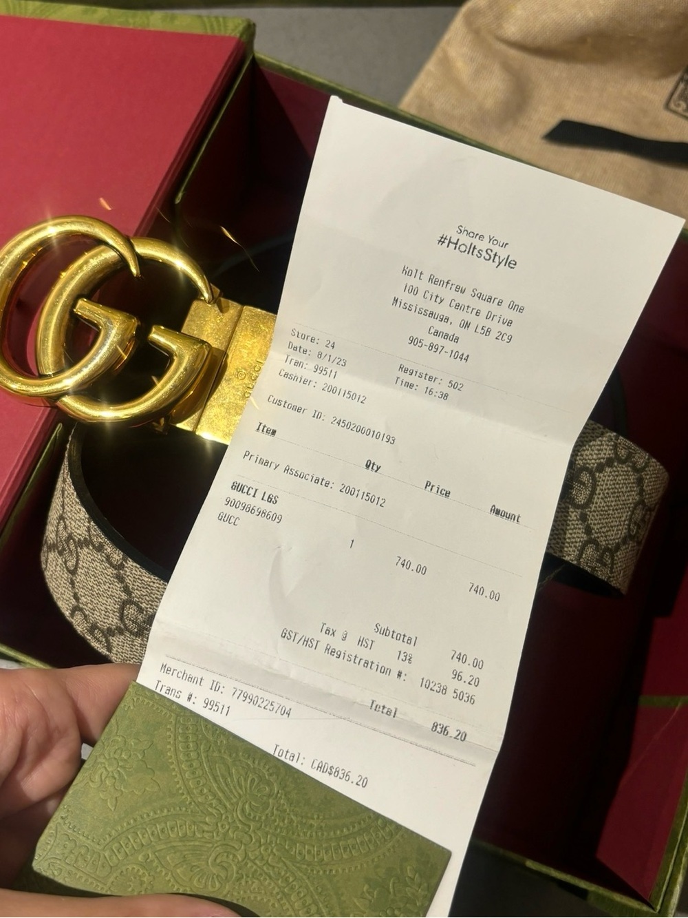 GUCCI Reversible Monogram GG Canvas Belt with Gold Double G Buckle - Picture 4 of 4